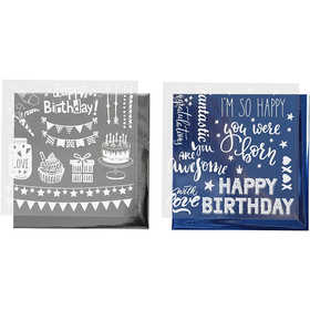 Deco Foil e fogli trasferibili, compleanno, foglio 15x15 cm, blu scuro, argento, 2x2 fgl./ 1 conf. [HOB-283553]