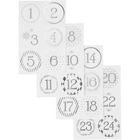 Numeri calendario dell'Avvento, diam 40 mm, foglio 9x14 cm, argento, bianco, 4 fgl./ 1 conf. [HOB-28458]