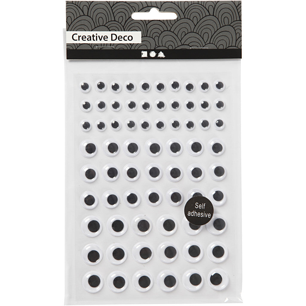 Occhi mobili, autoadesivi, diam 8+12+14 mm, bianco, 69 pz, 1 fgl. [HOB-28997]