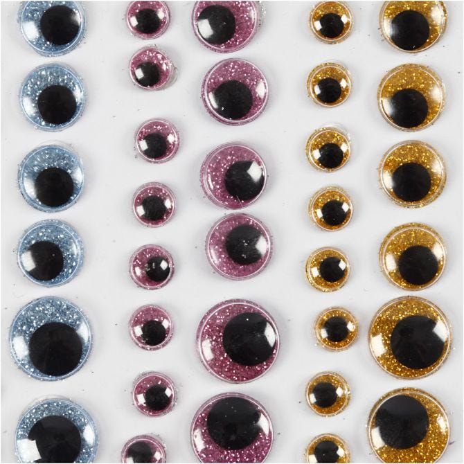 Occhi mobili, diam 8+10+12+15 mm, azzurro, oro, rosso chiaro, 54 pz/ 1 fgl. [HOB-29061]