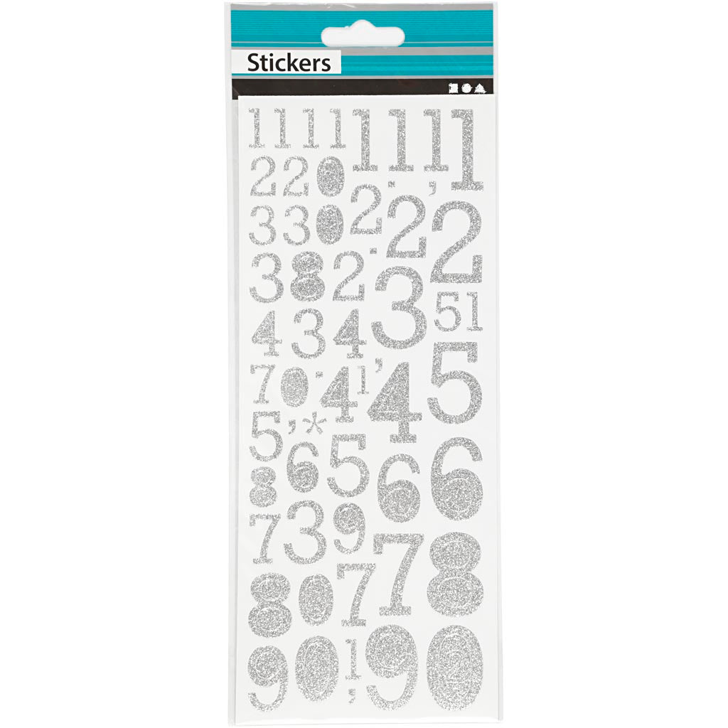 Stickers glitter, numeri, foglio 10x24 cm, argento, 2 fgl./ 1 conf. [HOB-29109]