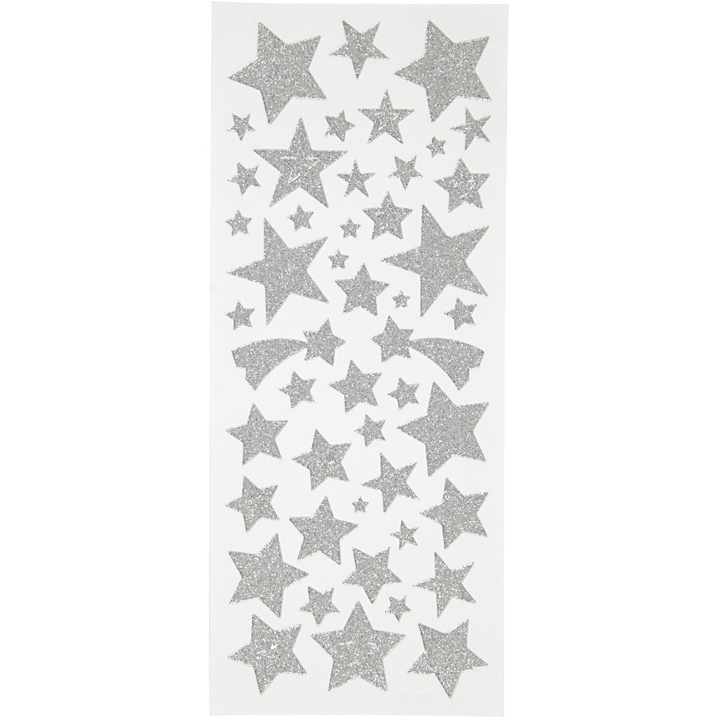 Stickers glitter, stelle, foglio 10x24 cm, ca. 110 pz, argento, 2 fgl./ 1 conf. [HOB-29111]