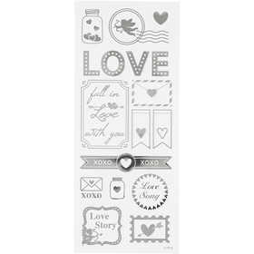 Stickers stelle, love, foglio 10x24 cm, ca. 14 pz, argento, 1 fgl. [HOB-29142]