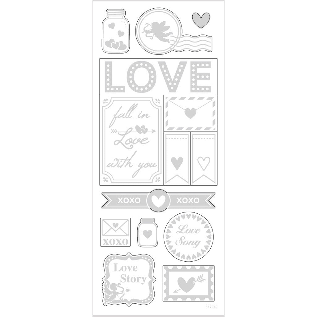 Stickers stelle, love, foglio 10x24 cm, ca. 14 pz, argento, 1 fgl. [HOB-29142]