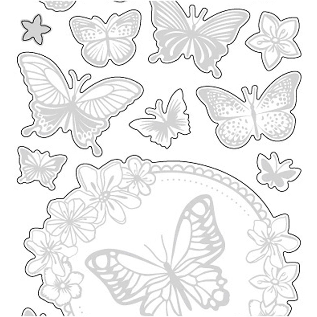 Stickers stelle, farfalle, foglio 10x24 cm, ca. 28 pz, argento, 1 fgl. [HOB-29143]