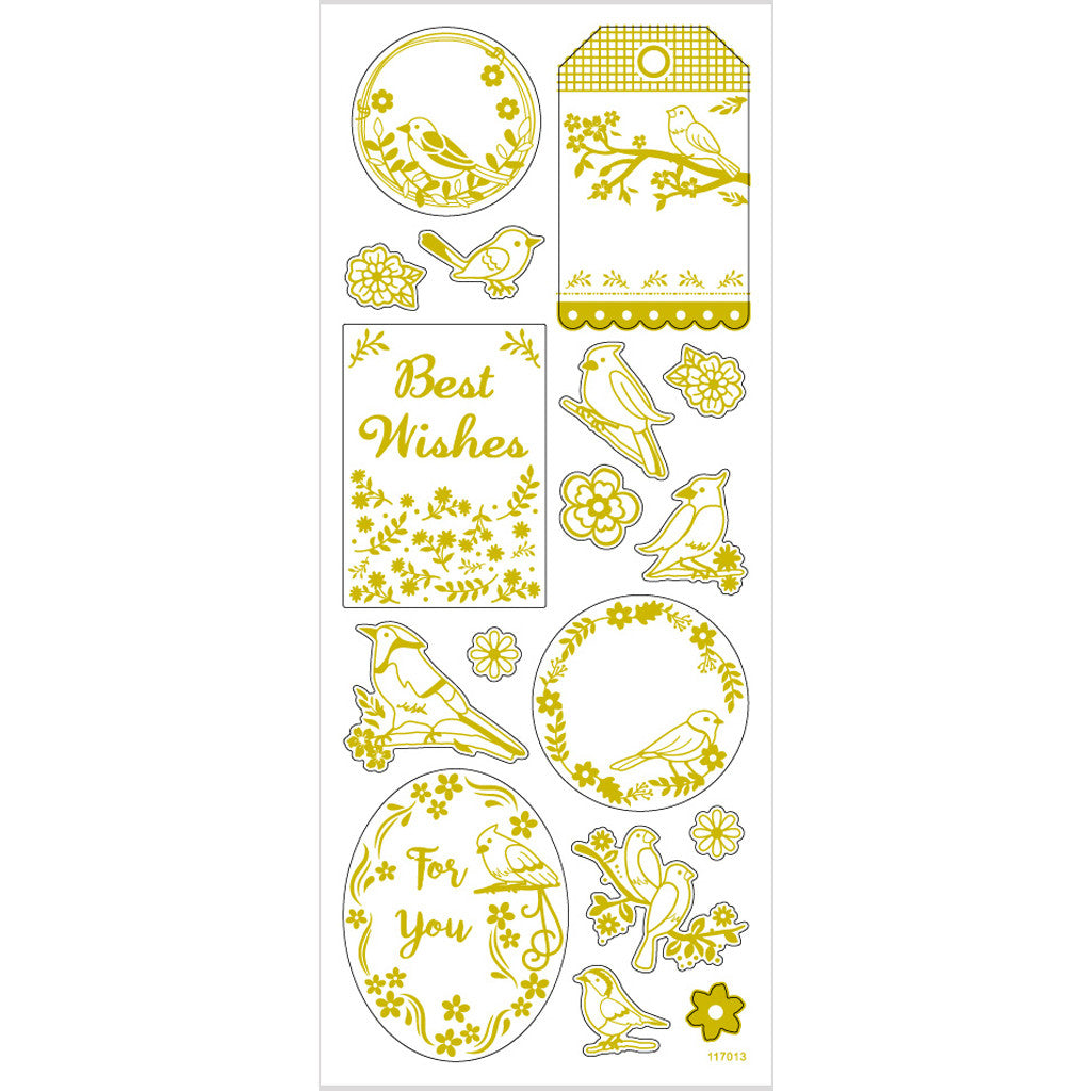 Stickers thank you, uccelli, foglio 10x24 cm, ca. 17 pz, oro, 1 fgl. [HOB-29146]