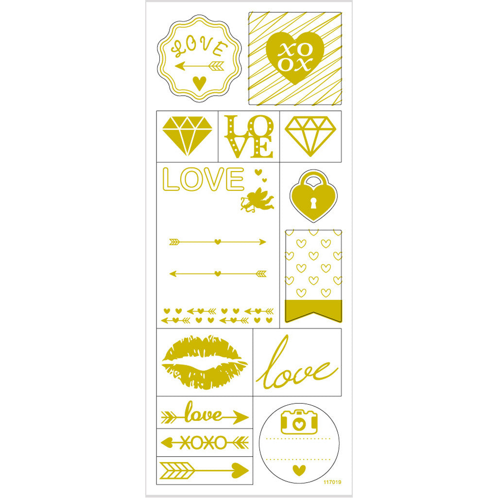Stickers thank you, love, foglio 10x24 cm, ca. 14 pz, oro, 1 fgl. [HOB-29148]