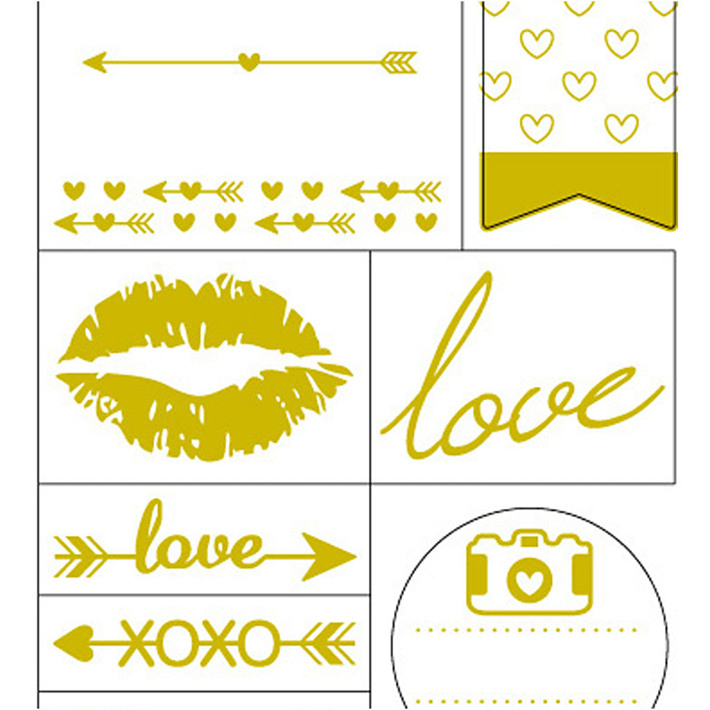 Stickers thank you, love, foglio 10x24 cm, ca. 14 pz, oro, 1 fgl. [HOB-29148]