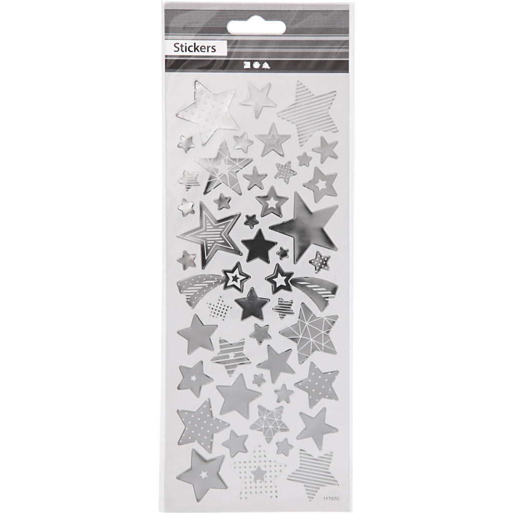 Stickers stelle, stelle, foglio 10x24 cm, ca. 52 pz, argento, 1 fgl. [HOB-29153]