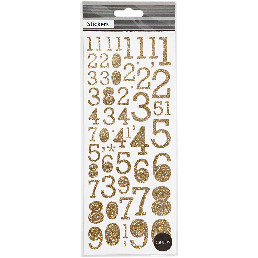 Stickers glitter, numeri, foglio 10x24 cm, oro, 2 fgl./ 1 conf. [HOB-29155]