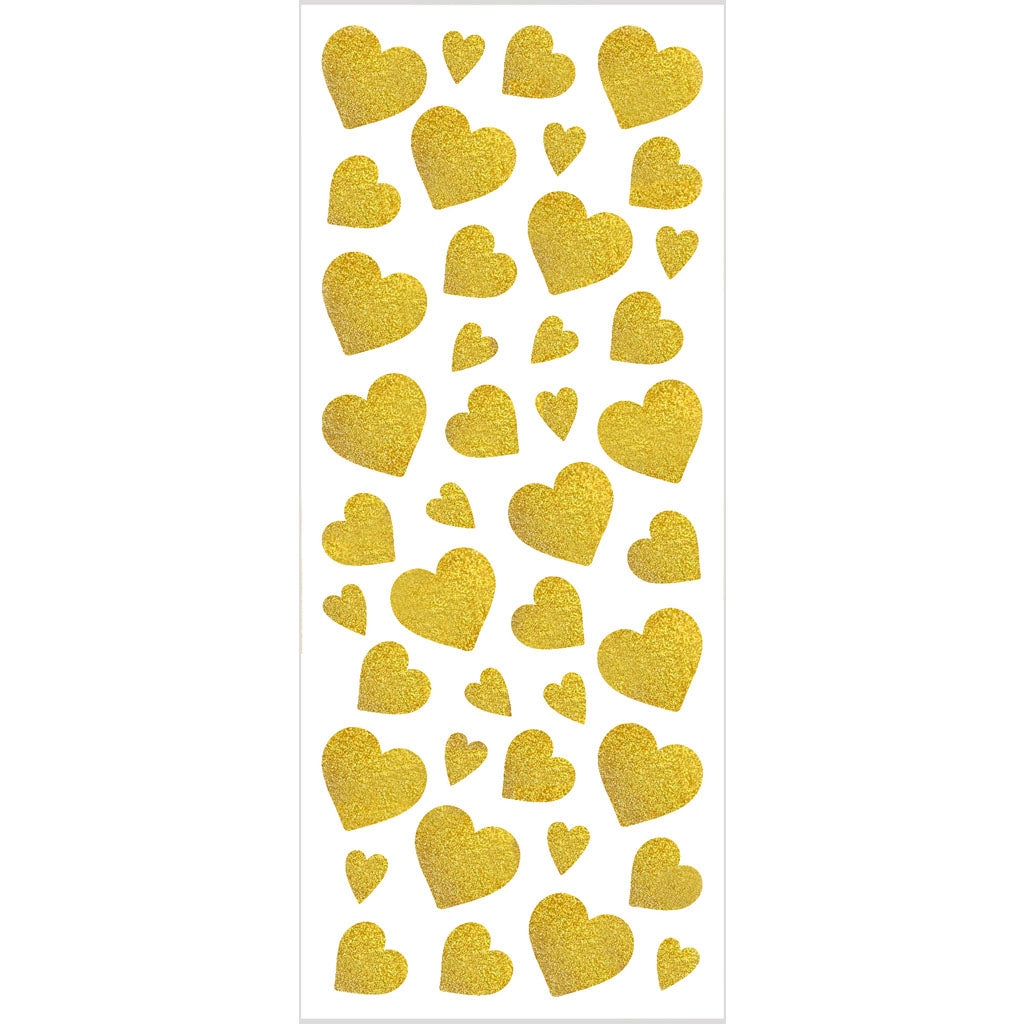 Glitter Stickers, hearts, sheet 10x24 cm, ca. 84 pc, gold, 2 sheet