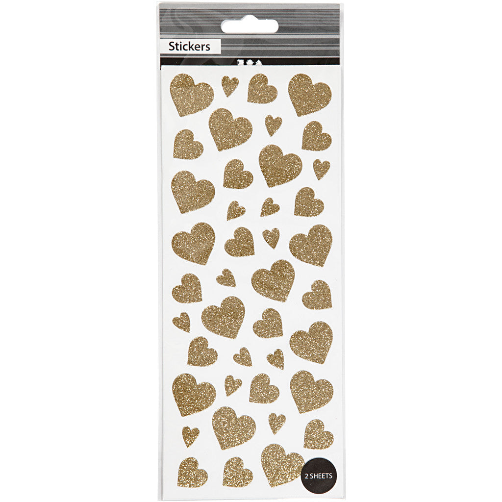 Stickers glitter, cuori, foglio 10x24 cm, ca. 84 pz, oro, 2 fgl./ 1 conf. [HOB-29156]