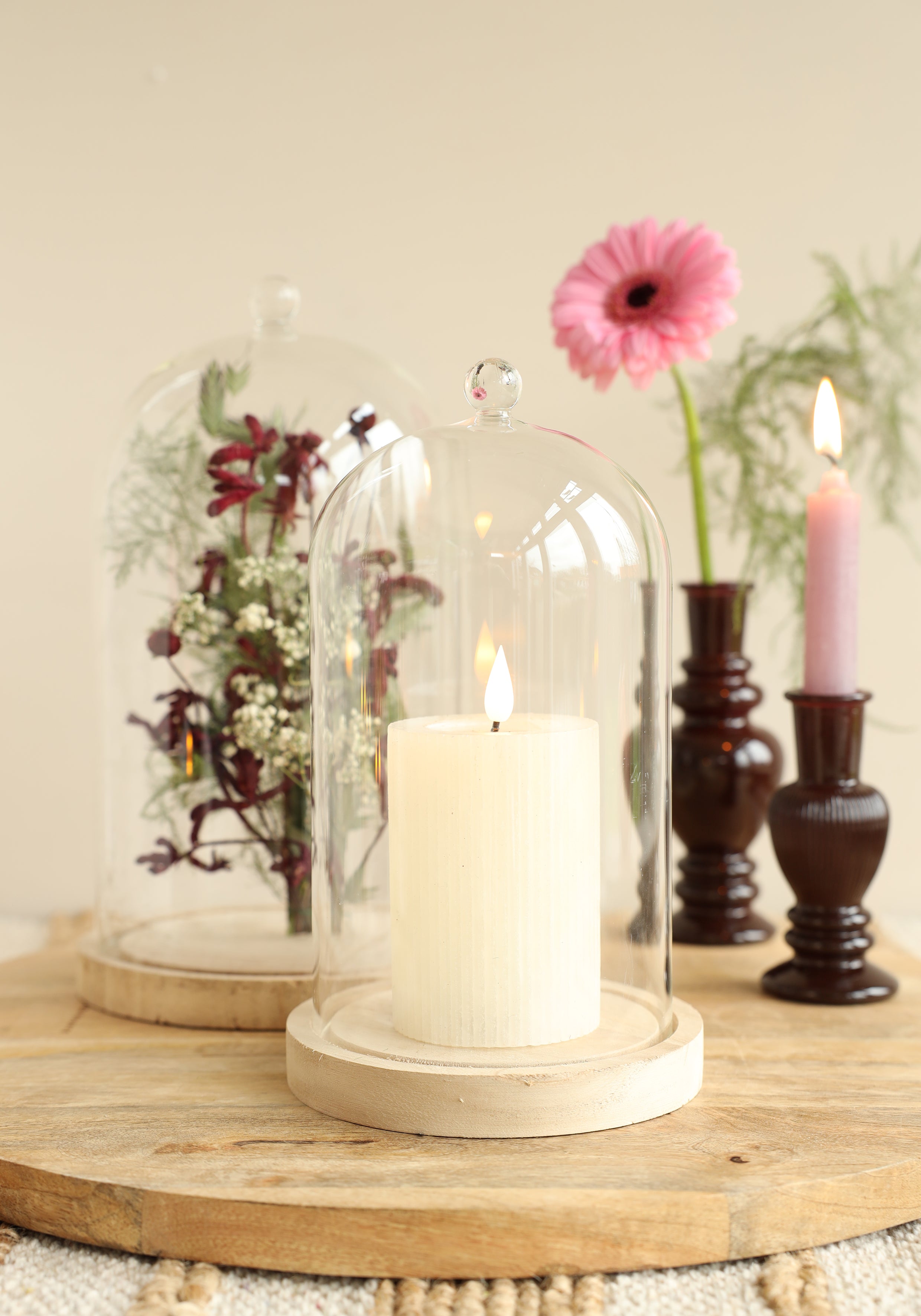 Campana di vetro con pomello in vetro con base in legno Ø17 h.28 cm (1 pz) [IFS-29315]