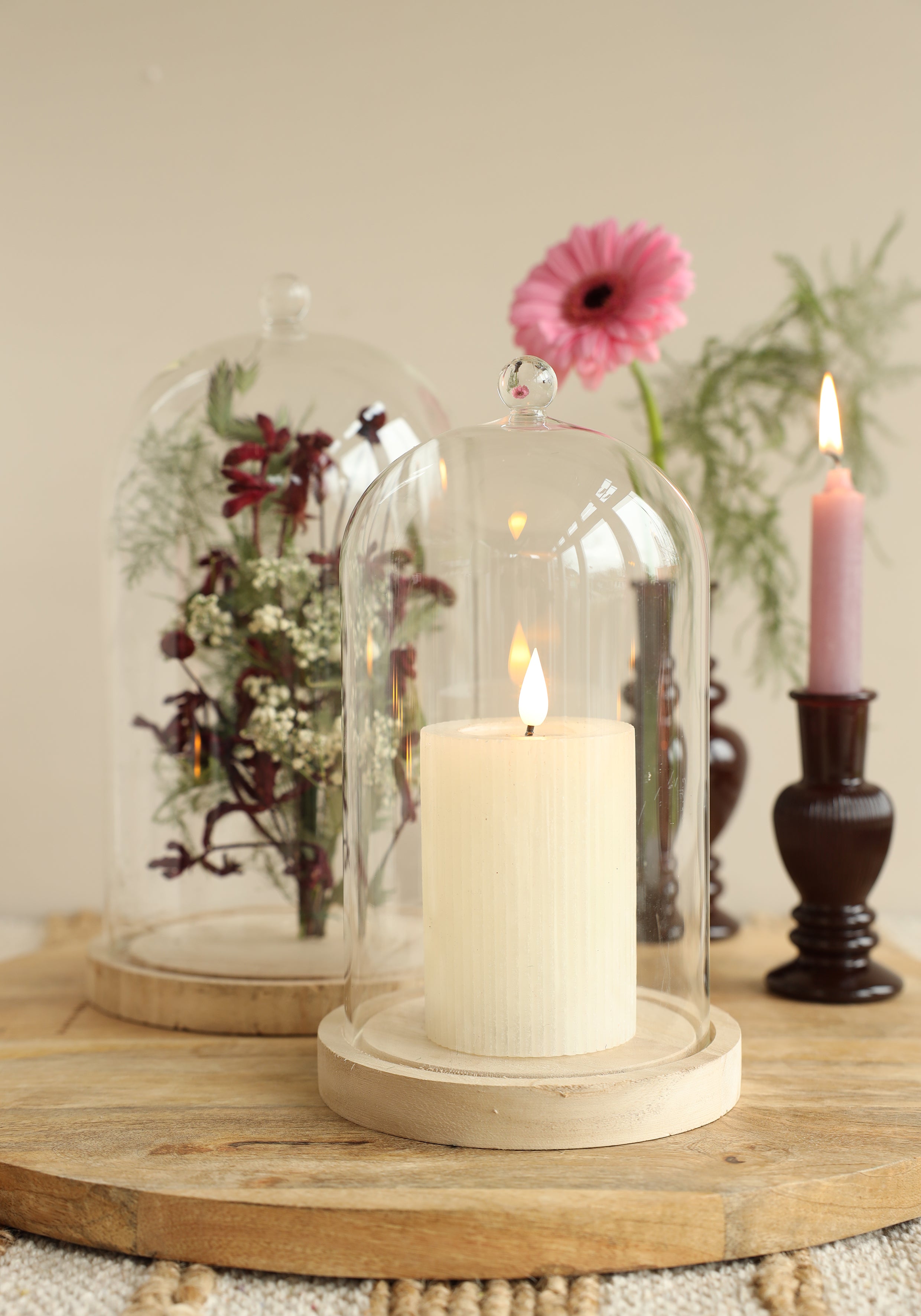 Campana di vetro con pomello in vetro con base in legno Ø17 h.28 cm (1 pz) [IFS-29315]