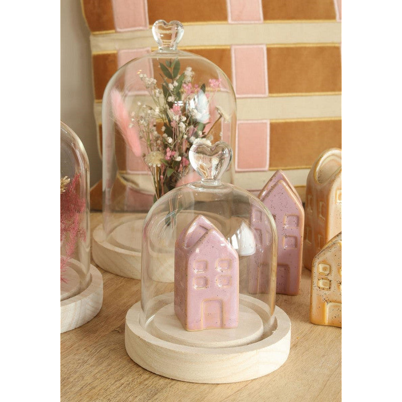 Campana di vetro con base di legno a forma di cuore Ø 12 cm, H. 16 cm (1 pezzo) [IFS-29362]