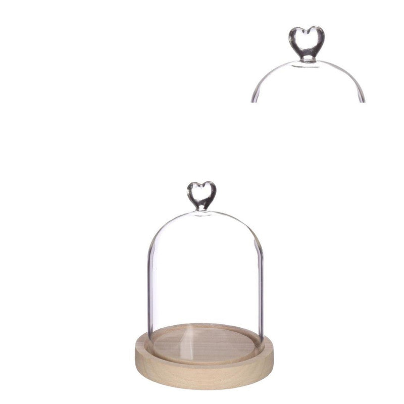 Campana di vetro con base di legno a forma di cuore Ø 12 cm, H. 16 cm (1 pezzo) [IFS-29362]