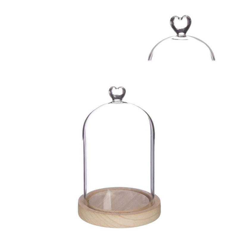 Campana di vetro con base di legno a forma di cuore Ø 12 cm, H. 18,5 cm (1 pezzo) [IFS-29363]