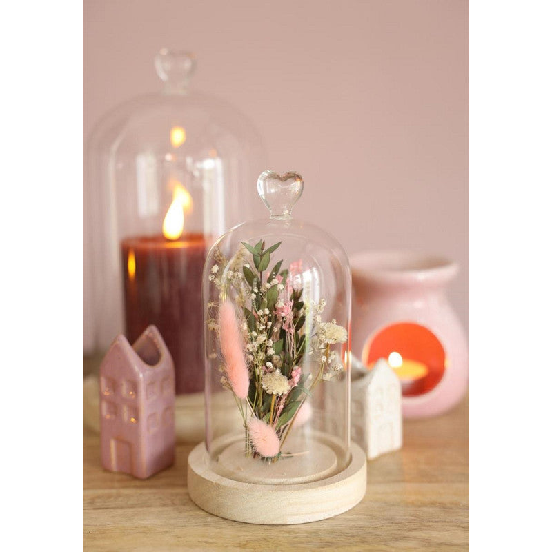 Campana di vetro con base di legno a forma di cuore Ø 10 cm, H. 18 cm (1 pezzo) [IFS-29368]