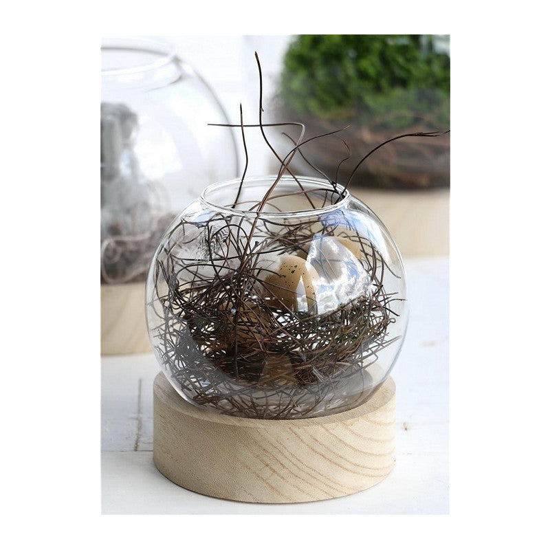 Vaso a sfera in vetro con base in legno Ø 10 cm, H. 11 cm (1 pezzo) [IFS-29411]