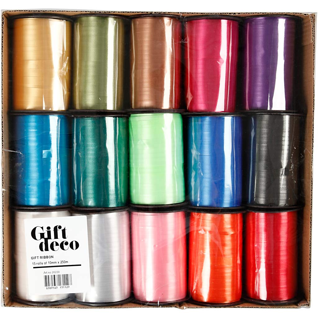 Nastro arricciabile - assortimento, L: 10 mm, brillante, colori asst., 15x250 m/ 1 conf. [HOB-20230]