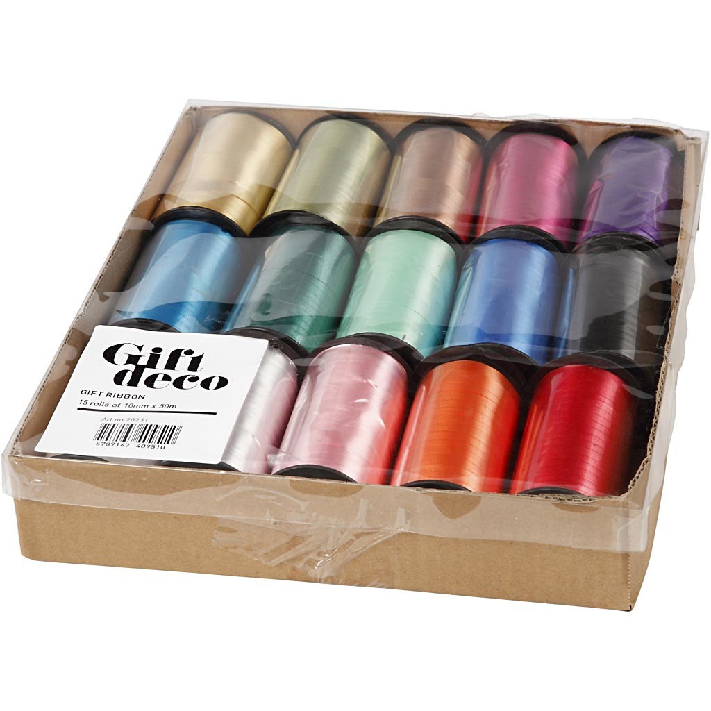 Nastro arricciabile - assortimento, L: 10 mm, brillante, colori asst., 15x50 m/ 1 conf. [HOB-20231]