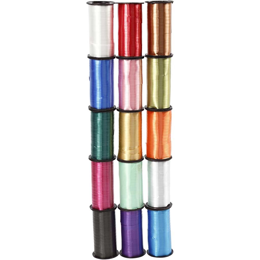 Nastro arricciabile - assortimento, L: 10 mm, brillante, colori asst., 15x50 m/ 1 conf. [HOB-20231]