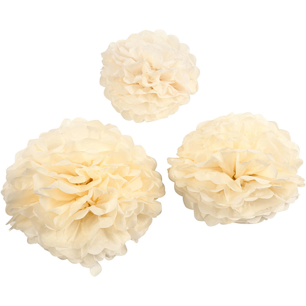 Pom-poms in carta velina, diam 20+24+30 cm, 16 g, avorio, 3 pz/ 1 conf. [HOB-20472]