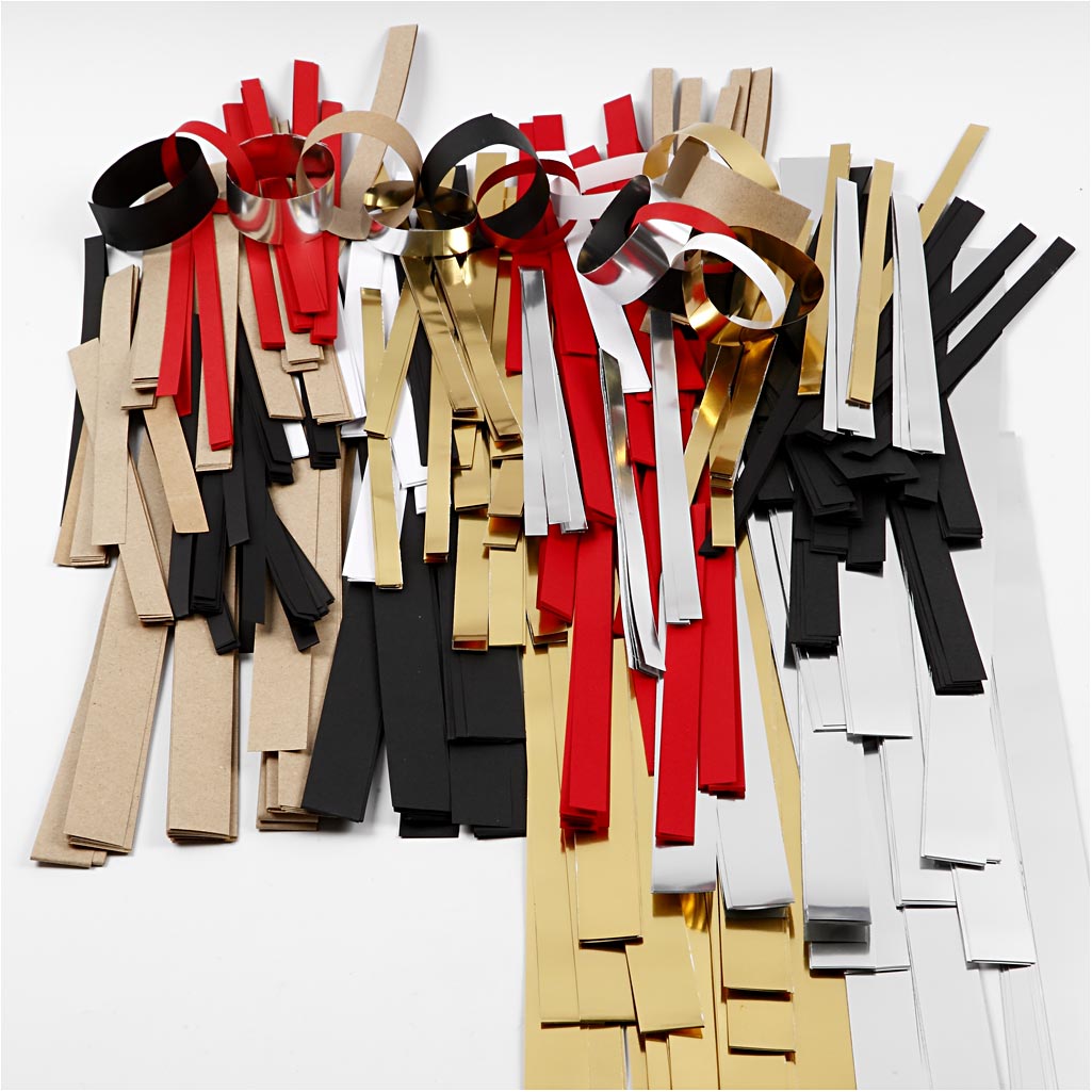 Scrisce di carta per stelle Froebel, L: 44+78 cm, L: 10+15+25 mm, diam 4,5+6,5+11,5 cm, il contenuto può variare , oro, rosso, argento, bianco, 5000 strisce/ 1 conf. [HOB-20727]