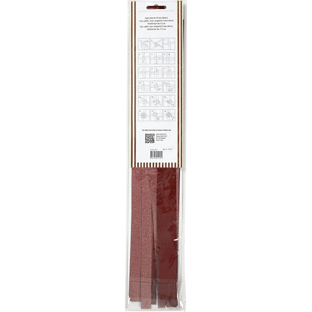 Strisce di carta per stelle , L: 44+78 cm, diam 6,5+11,5 cm, L: 15+25 mm, glitter,vernice, rosso, 40 strisce/ 1 conf. [HOB-20775]