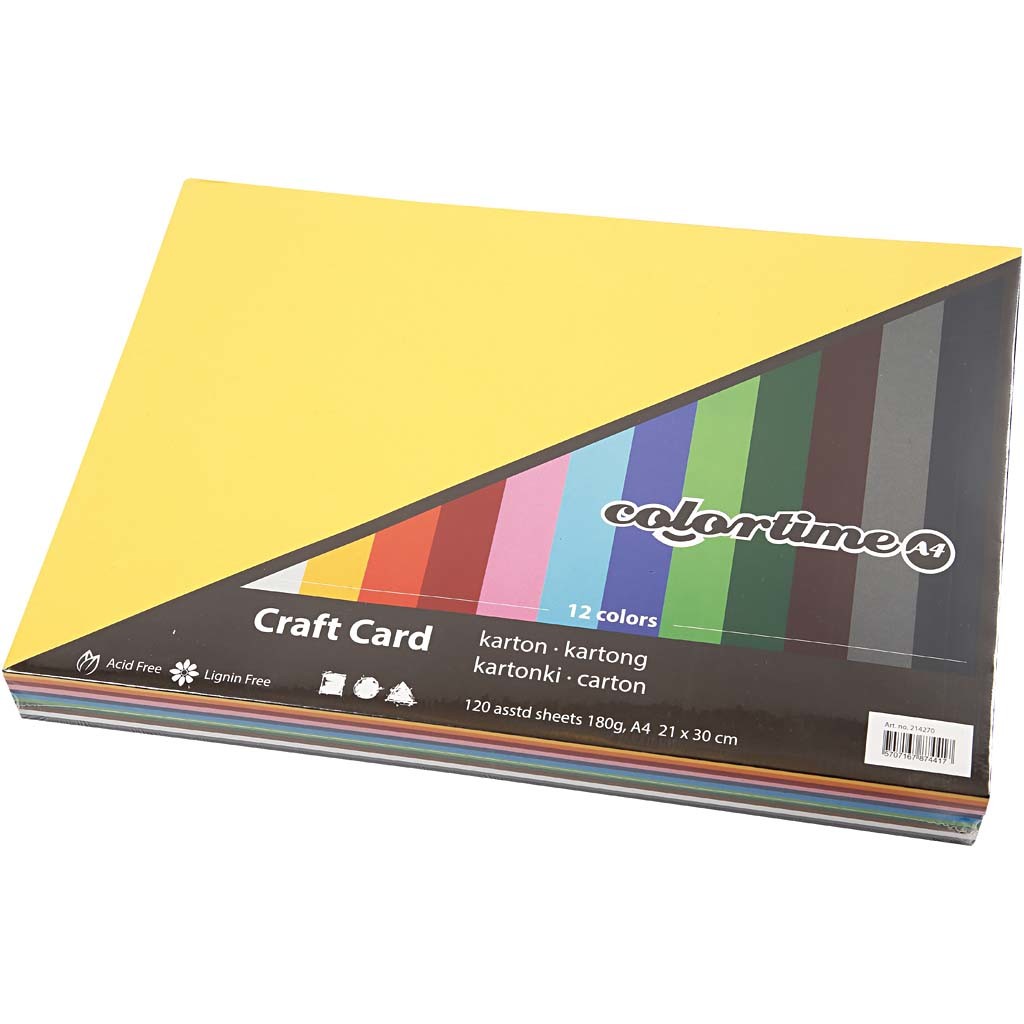 Cartoncino, A4, foglio 210x297 mm, 180 g, colori asst., 12x10 fgl./ 1 conf. [HOB-214270]