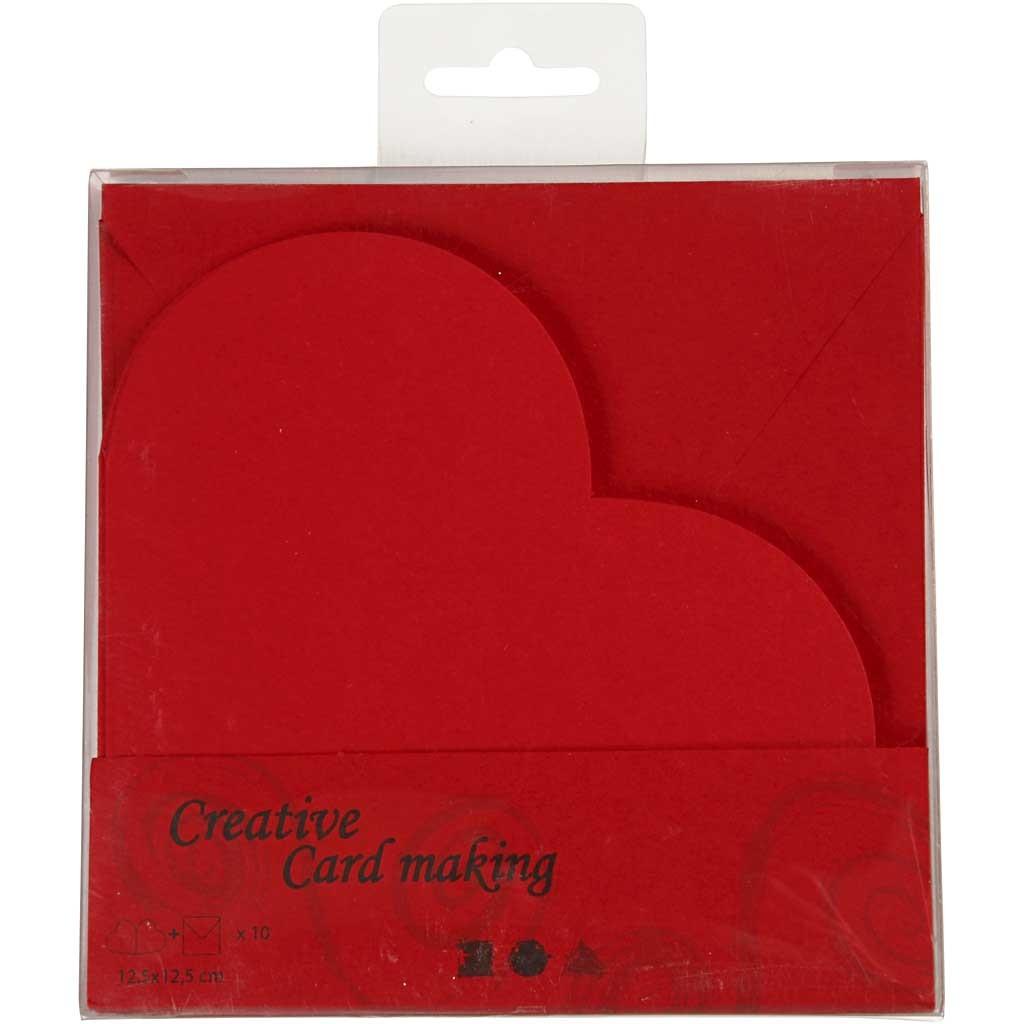 Cartoncini a forma di cuore, dim. cartoncino 12,5x12,5 cm, dim. busta 13,5x13,5 cm, rosso, 10 set/ 1 conf. [HOB-23762]