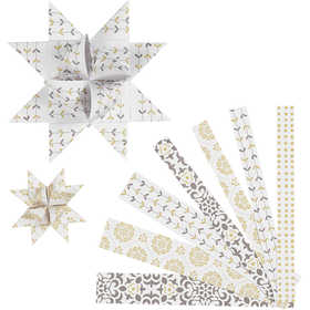 Strisce per stelle di carta, L: 44+78 cm, L: 15+25 mm, diam 6,5+11,5 cm, oro, bianco, 48 strisce/ 1 conf. [HOB-24357]