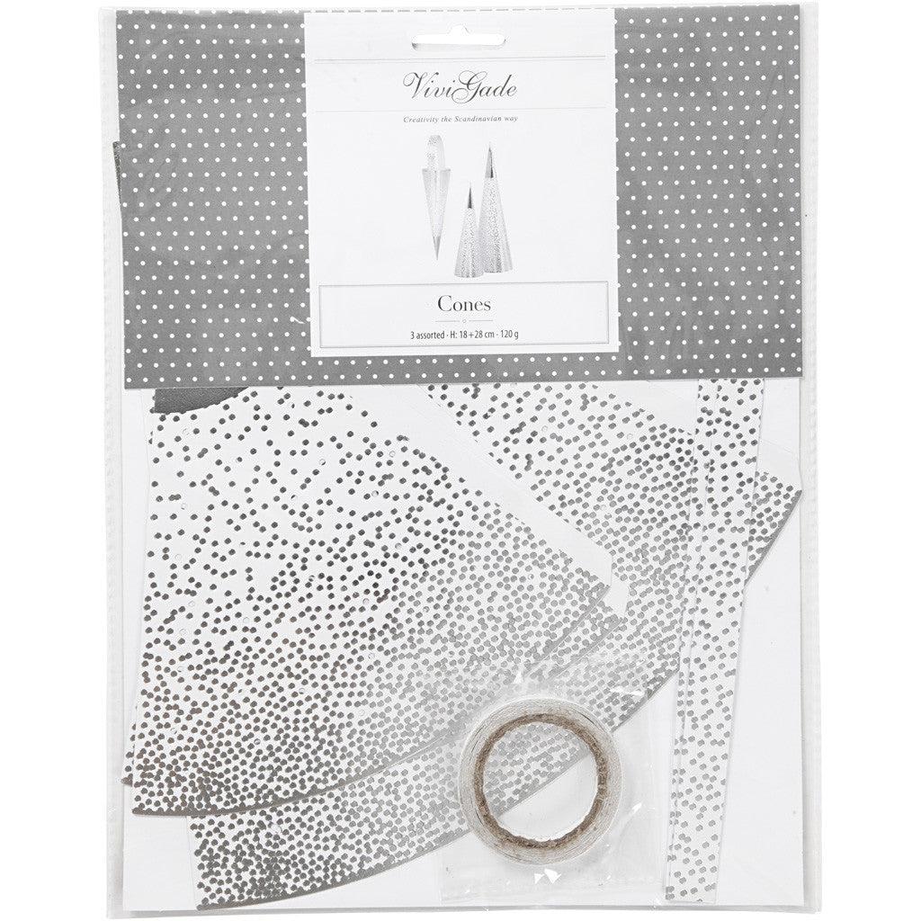 Coni, H: 18+28 cm, 120 g, argento, bianco, 3 pz/ 1 conf. [HOB-24365]
