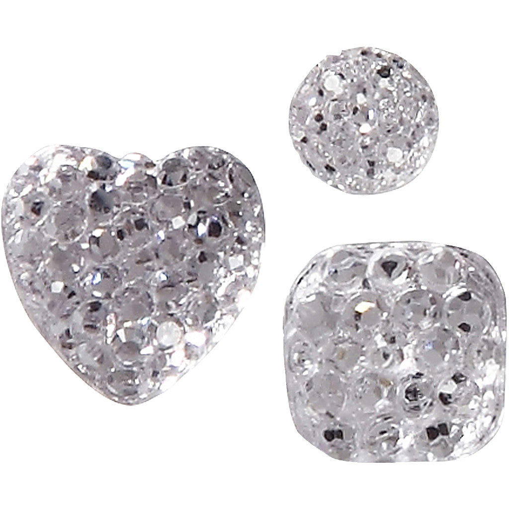 Brillantini, cerchio, quadrato, cuore, misura 6+8+10 mm, argento, 35 pz/ 1 conf. [HOB-24377]
