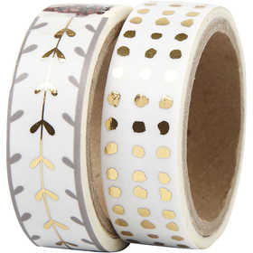 Washi Tape, cuori e pois - lamina, L: 15 mm, oro, bianco, 2x4 m/ 1 conf. [HOB-24767]