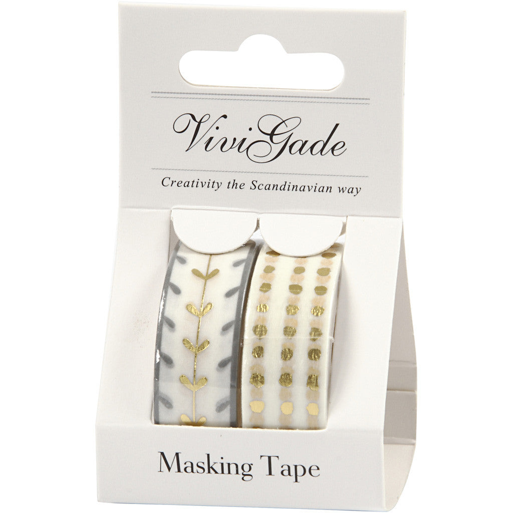 Washi Tape, cuori e pois - lamina, L: 15 mm, oro, bianco, 2x4 m/ 1 conf. [HOB-24767]