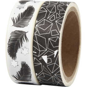 Washi Tape, piume e motivi fantasia - lamina, L: 15 mm, 2x4 m/ 1 conf. [HOB-24772]