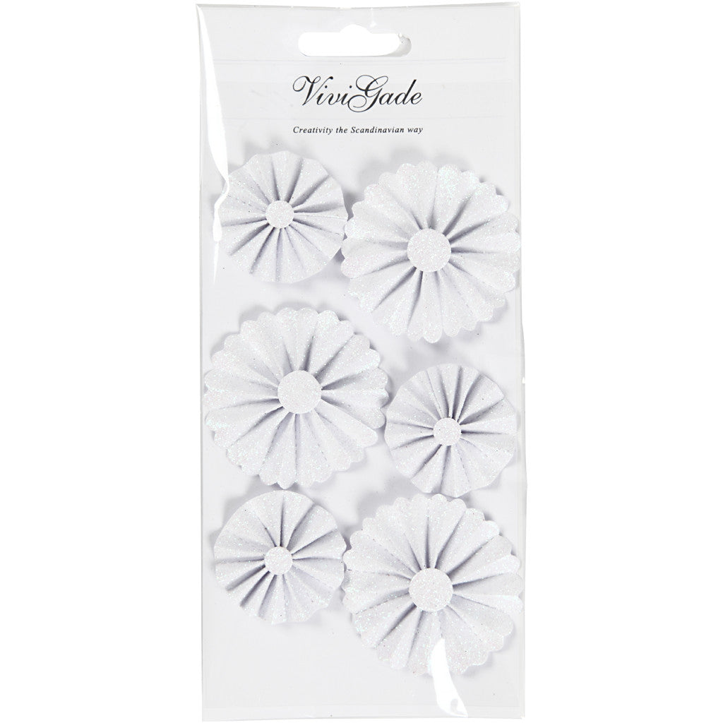 Coccarde in carta, diam 35+50 mm, bianco glitter, 6 pz/ 1 conf. [HOB-24782]