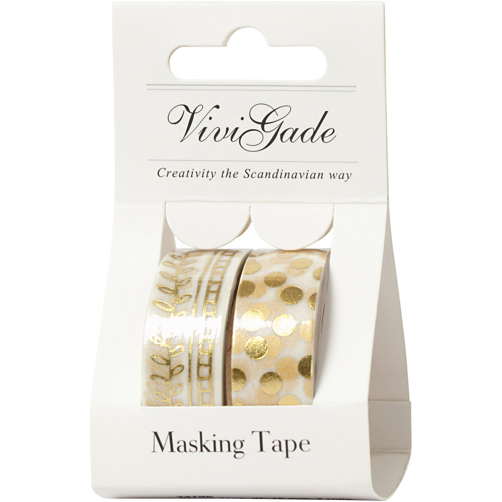Washi Tape, vite e pois - lamina, L: 15 mm, oro, 2x4 m/ 1 conf. [HOB-24796]