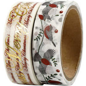 Washi Tape, glædelig jul e uccellini - lamina, L: 15 mm, 2x4 m/ 1 conf. [HOB-24797]