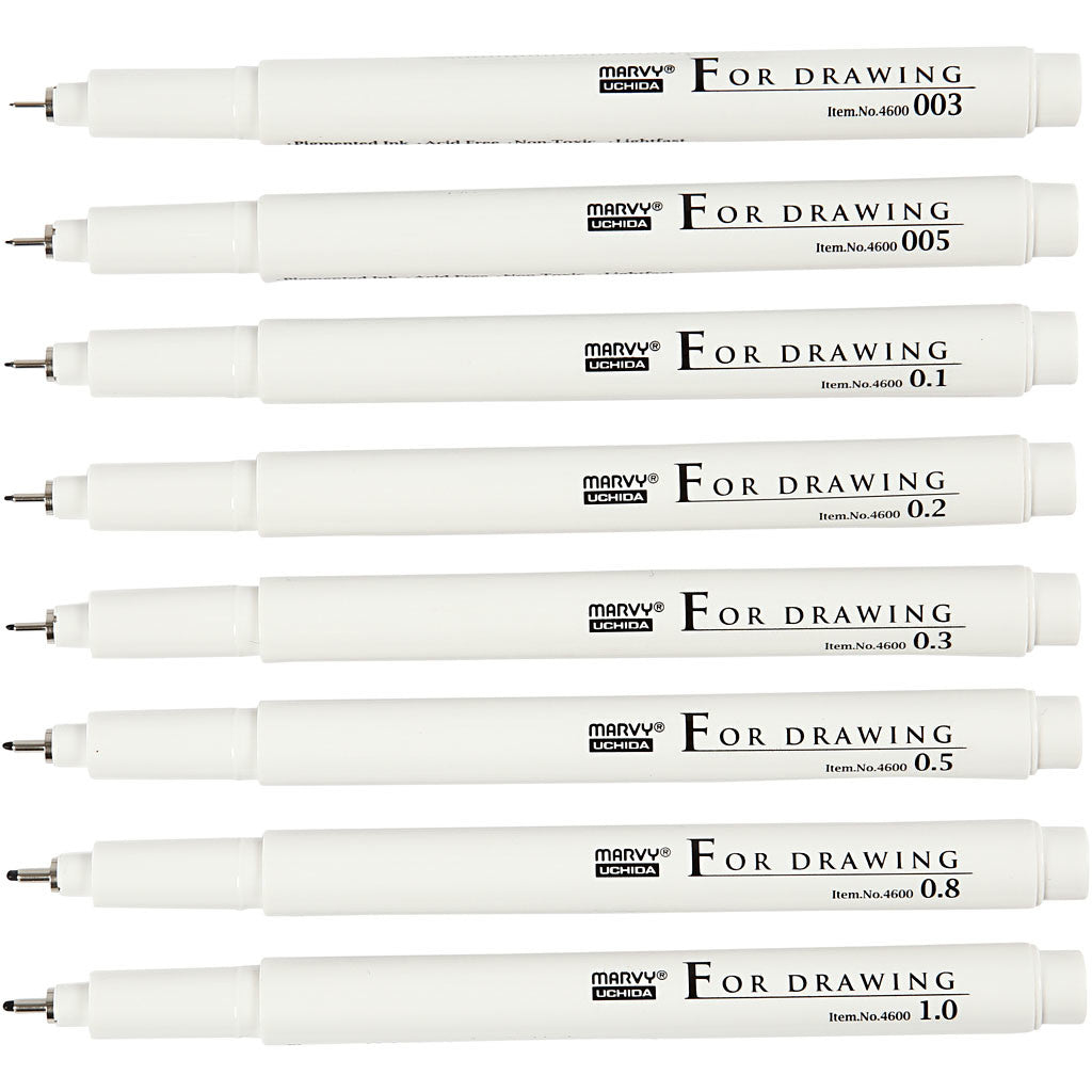 Pennarelli da disegno Fine Line, ampiezza tratto 0,03+0,05+0,1+0,2+0,3+0,5+0,8+1,0 mm, nero, 8 pz/ 1 conf. [HOB-25011]