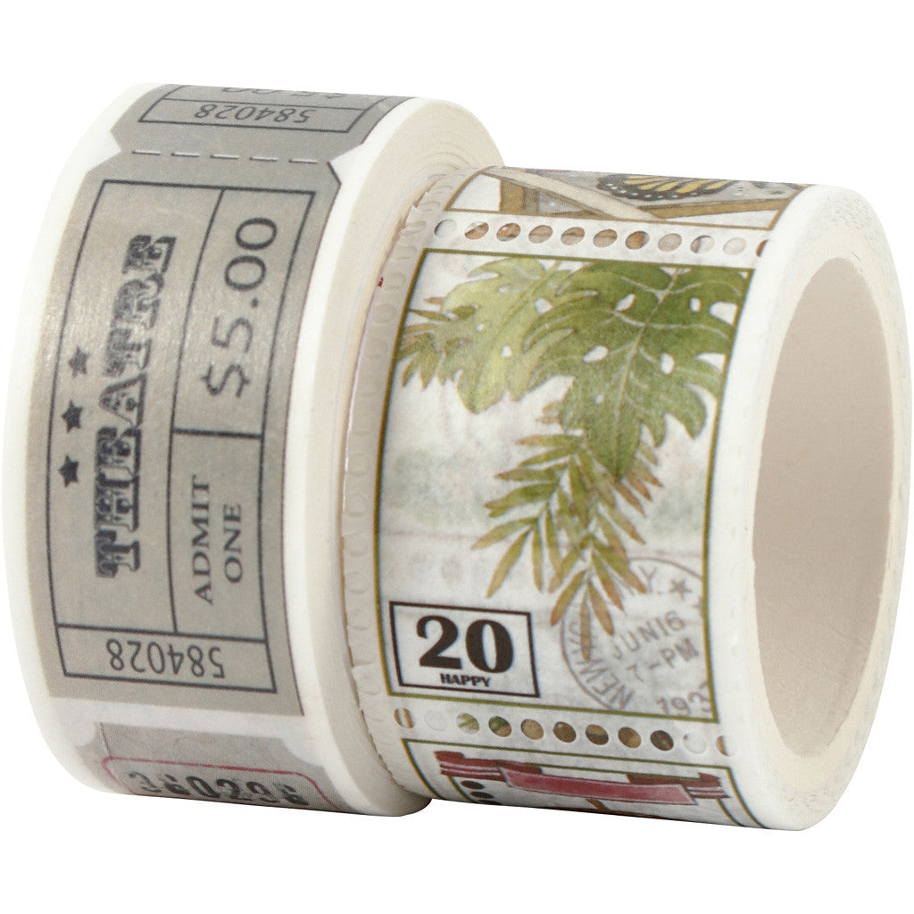 Washi Tape , Motivo biglietto e natura, L: 3+5 M, L: 20+25 mm, 2 rot./ 1 conf. [HOB-25242]
