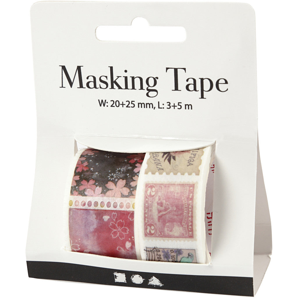 Washi Tape , Motivo a timbri e floreale, L: 3+5 M, L: 20+25 mm, 2 rot./ 1 conf. [HOB-25244]