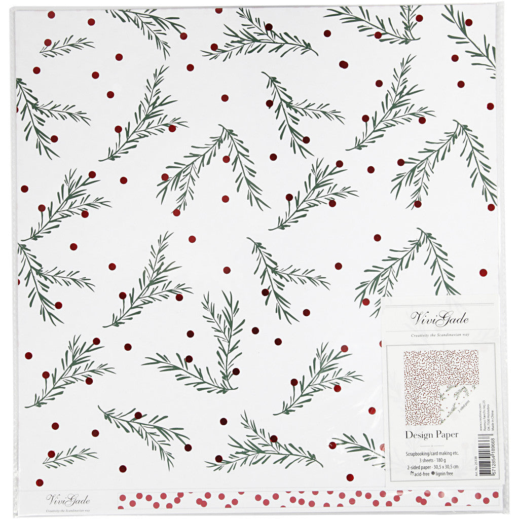 Carta fantasia, rami di abete e pois, foglio 30,5x30,5 cm, 180 g, oro, verde, rosso, bianco, 3 fgl./ 1 conf. [HOB-25338]