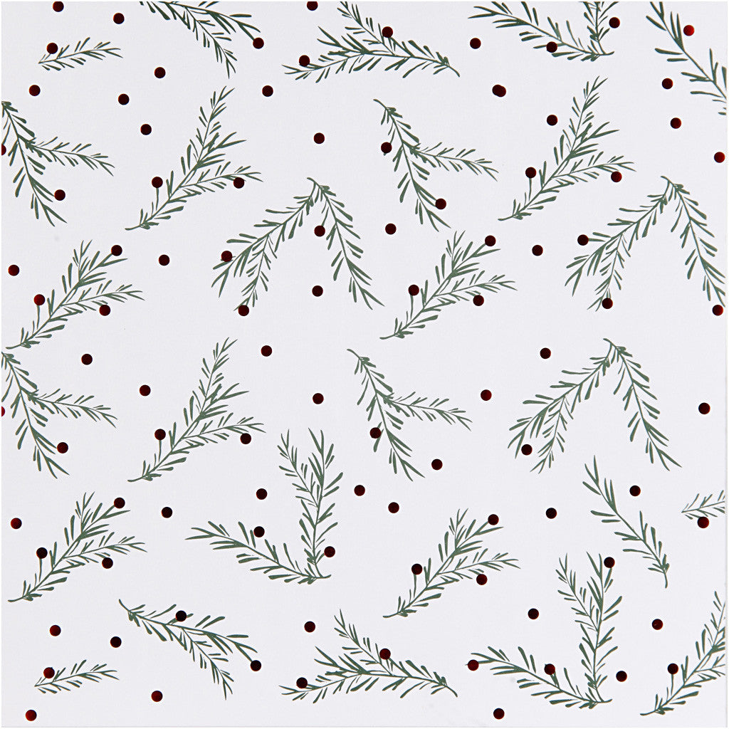 Carta fantasia, rami di abete e pois, foglio 30,5x30,5 cm, 180 g, oro, verde, rosso, bianco, 3 fgl./ 1 conf. [HOB-25338]