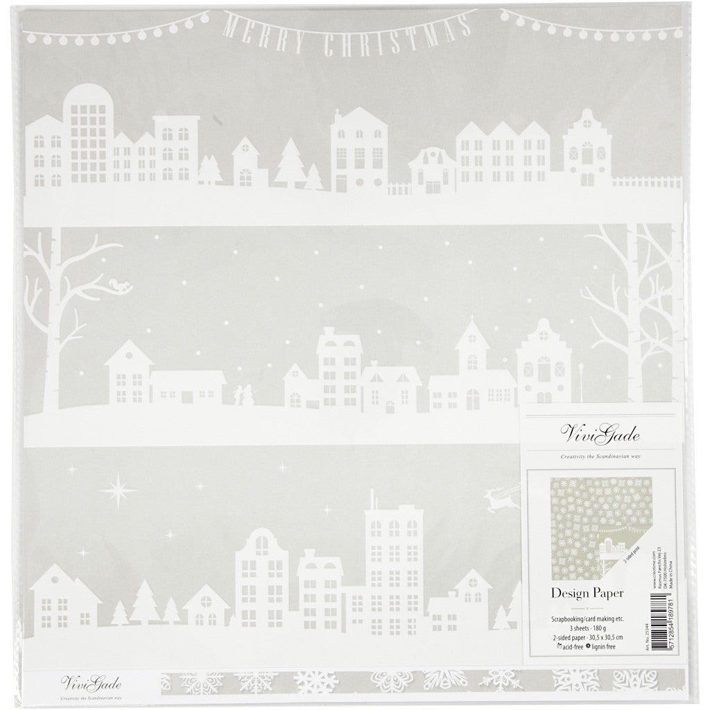 Carta design, casette e cristalli di neve, foglio 30,5x30,5 cm, 180 g, 3 fgl./ 1 conf. [HOB-25344]