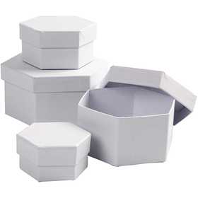 Scatole Esagonali, H: 4+5+6+7 cm, diam 6,5+8+10+12 cm, bianco, 4 pz/ 1 set [HOB-264070]