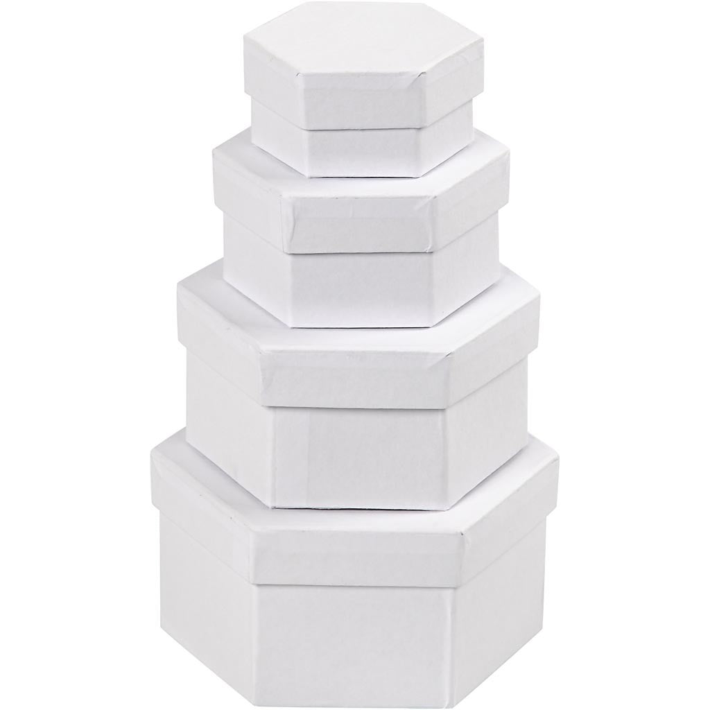 Scatole Esagonali, H: 4+5+6+7 cm, diam 6,5+8+10+12 cm, bianco, 4 pz/ 1 set [HOB-264070]