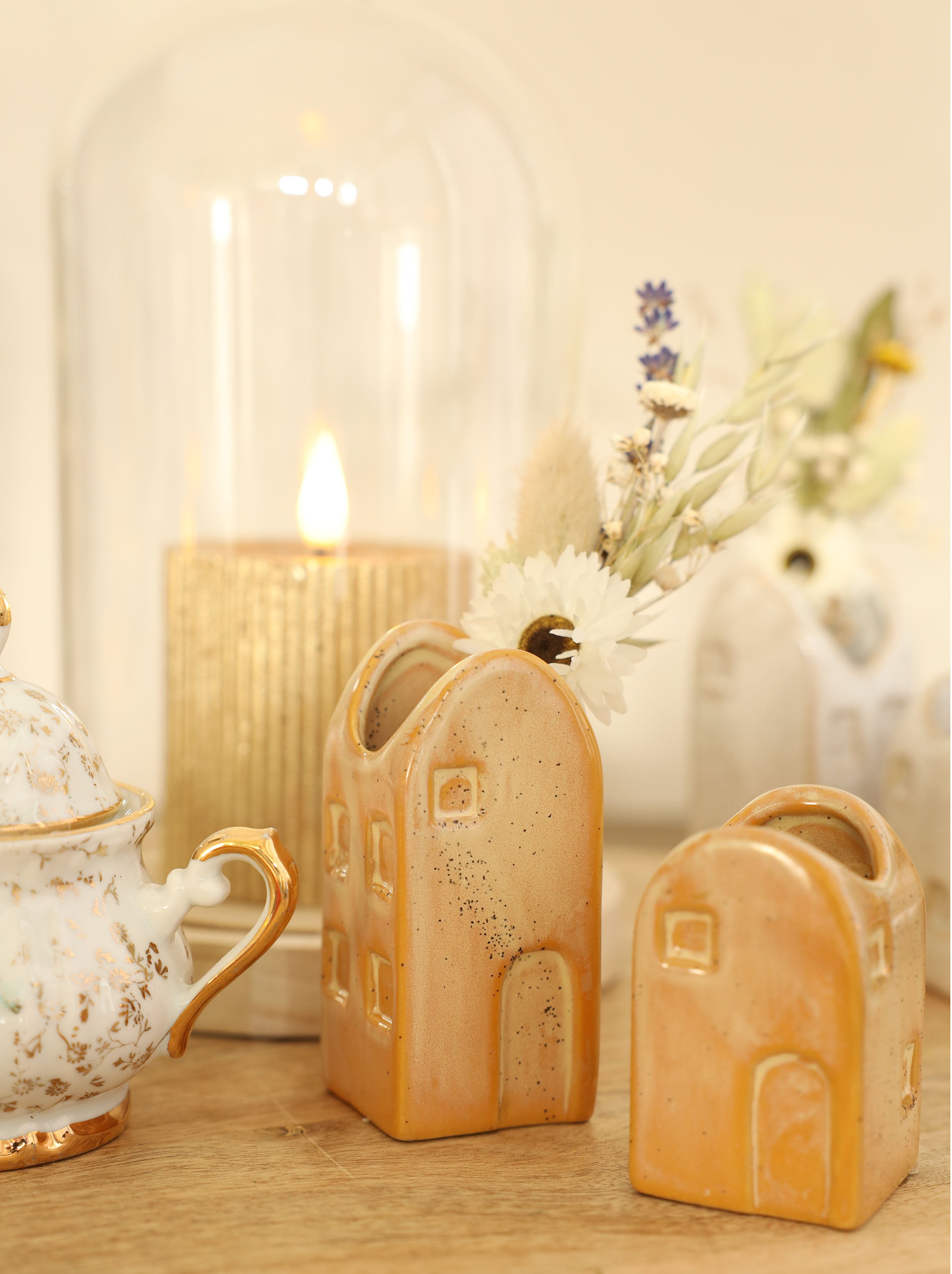 Campana di vetro con pomello in vetro con base in legno Ø12 h.15 cm (1 pz) [IFS-29312]