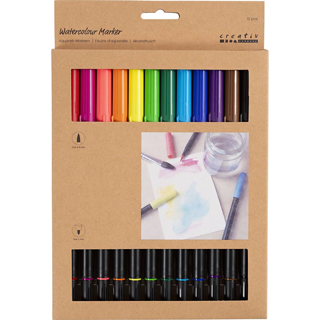 Pennelli per Acquerello, ampiezza tratto 2+4-8 mm, colori standard, 12 pz/ 1 conf. [HOB-34339]